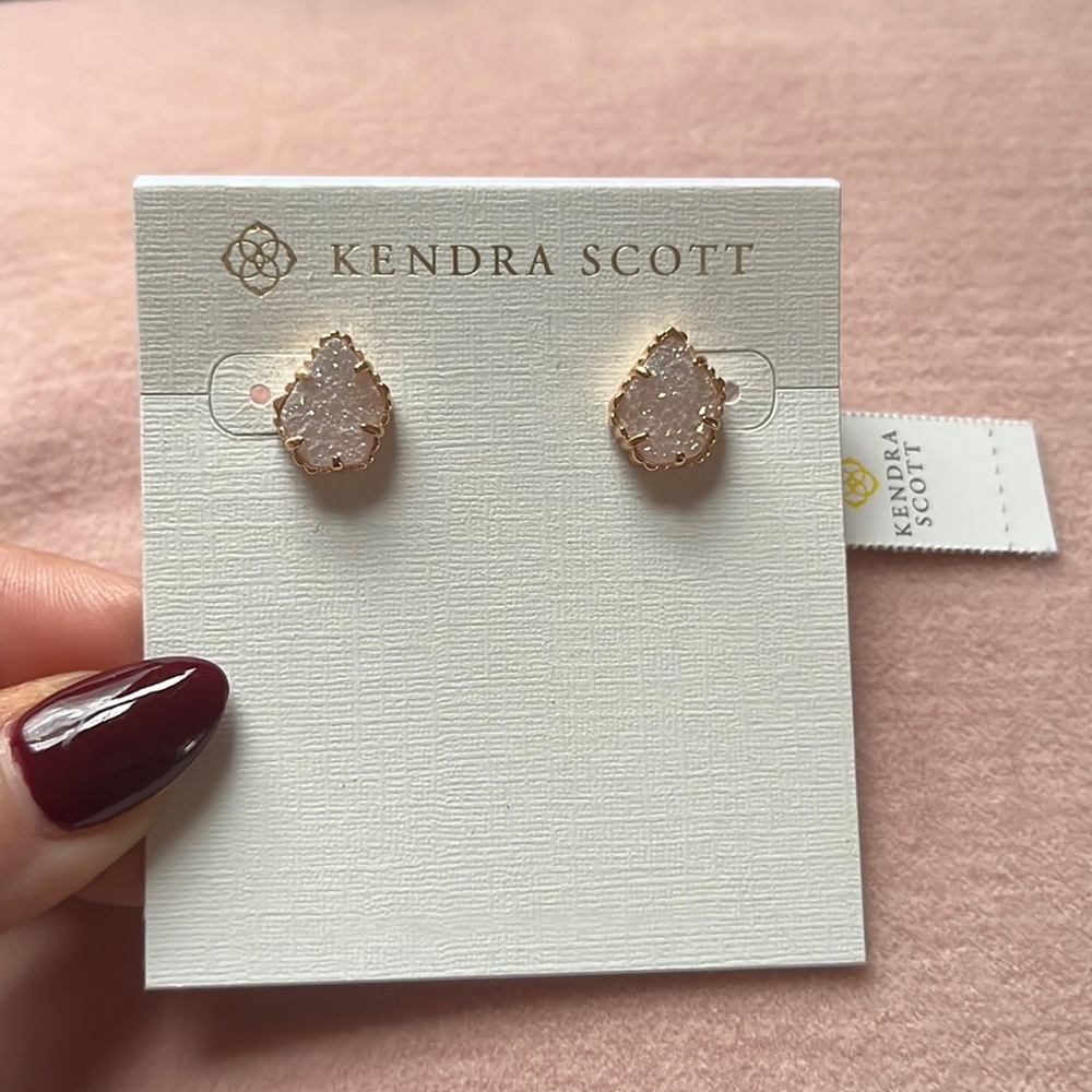 Pink drusy and rose gold Kendra Scott earrings